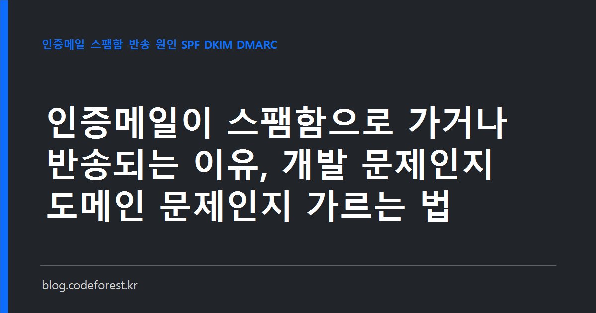 이메일 봉투와 도메인 DNS 설정 화면이 나란히 놓인 이미지로, 인증메일 반송 원인을 SPF·DKIM·DMARC 설정과 발송 시스템 개발로 나누어 보여주는 그림