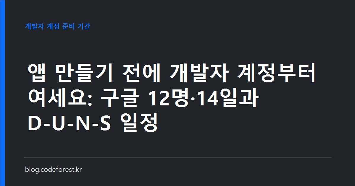구글 플레이와 애플 개발자 계정 준비 일정을 비교한 이미지. 개인 계정의 테스터 12명 14일 조건과 사업자 계정의 D-U-N-S 발급 기간을 나타냅니다.