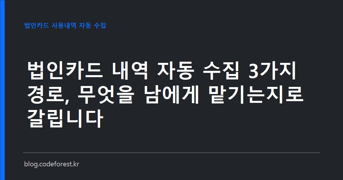 법인카드 사용내역을 경비 처리 프로그램으로 수집하는 세 가지 경로(스크래핑, 카드사 정식 연동, 국세청 자료)를 비교하는 이미지