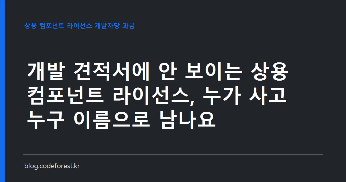 개발 견적서 위에 상용 그리드·차트 라이브러리 라이선스 항목이 표시된 이미지로, 개발자 인원수 단위 과금과 라이선스 명의 문제를 나타냅니다