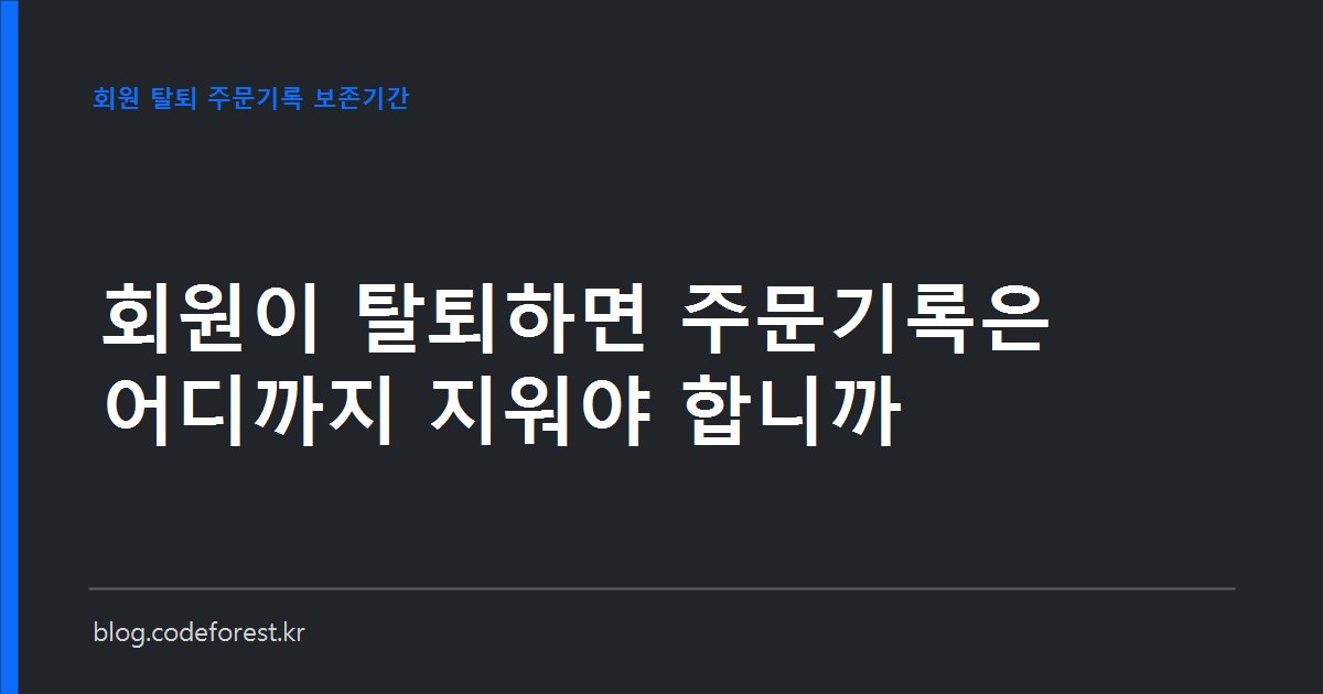회원 탈퇴 처리 화면과 주문 데이터 보존 기간을 나타내는 일러스트. 파기 대상 회원정보와 분리보관 대상 거래기록이 두 갈래로 나뉘어 있습니다.