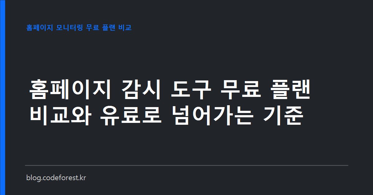 홈페이지 장애 감시 도구의 무료 플랜과 유료 플랜을 모니터 수, 점검 간격, 알림 수단, 월 요금 기준으로 비교하는 이미지